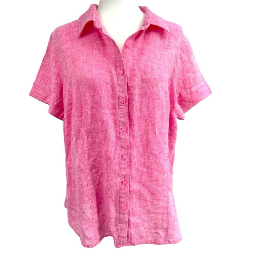 Charter Club 100% Linen Langenlook Collared Top Pink Large Plus 14-16